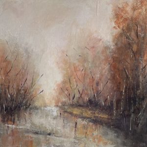 impressionistic, semi abstract painting depicting an autumn river bank