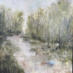 Painting of a river in flow, bordered by trees and foliage