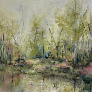 Woodland painting in greens and soft pink