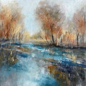 Painting of misty lake in blues and shades of autumn